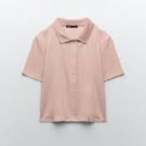 Zara Cropped Top Peach Button Down Front Short Sleeve Knit New Size Med - Picture 1 of 5